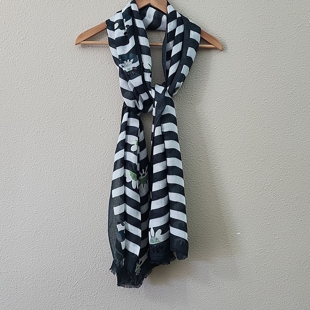 Mir Striped Floral Linen Blend Scarf